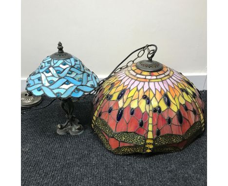 Tiffany style ceiling shade designed in a dragon flies, Together with small Tiffany style table lamp. Both as found. 