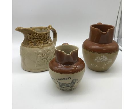A lot of 3 Antique water jugs, Includes Stoneware Cadbury jug, A Rare Stoneware Dandie Dinmont Special Scotch jug and one oth