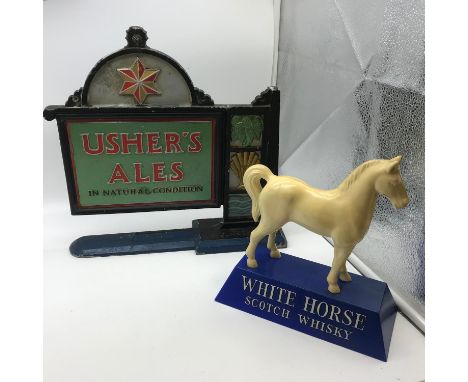 Original cast metal and hand painted USHER'S ALES advertising sign together with White Horse Scotch Whisky advertisement 