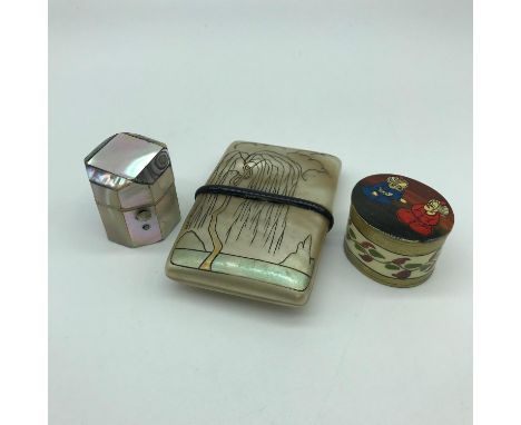 An Art Deco mother of pearl engraved cigarette case, Mother of pearl thimble holder box and a Oriental hand painted snuff box