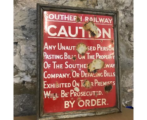 Antique Metal and enamel Southern railway Caution sign. Measures 53x42cm