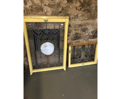 Antique sash window designed with stainglass and a mirror centre. Large window measures 106x71cm small window measures 52x72c