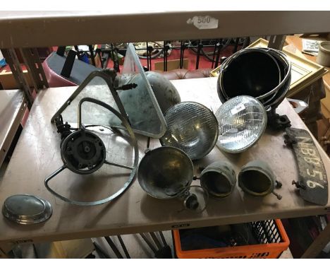 Collection of vintage lights, light mounts and various other vintage car parts. 