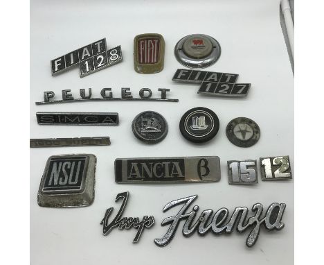 A Lot of vintage car badges includes Fiat, Lancia, Peugeot &amp; Vauxhall. 