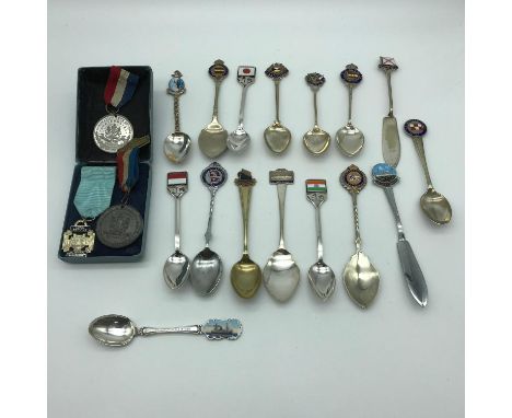 A Collection of Nautical souvenir spoons which includes Birmingham silver and enamel spoon, Together with 3 Various medals- D