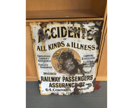 Antique Metal &amp; Enamel "Accidents of all kinds &amp; illness insured by the Railway Passengers Assurance Co" advertising 