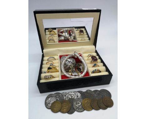 A case of various jewellery to include a 9ct gold ring with amethyst stone together with various tokens 