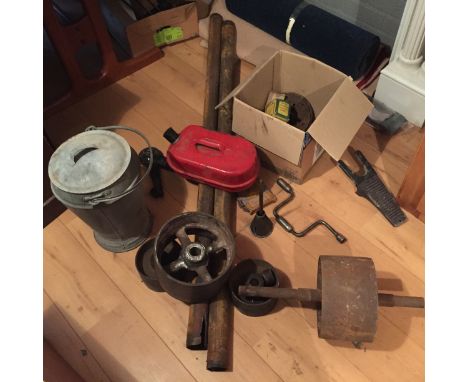 Traction engine parts and tools.