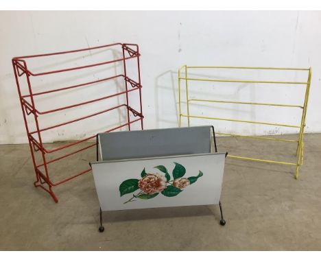 A mid century metal magazine rack with rose print together with two coated wire shoe racks W:39cm x D:18cm x H:27cm Magazine 