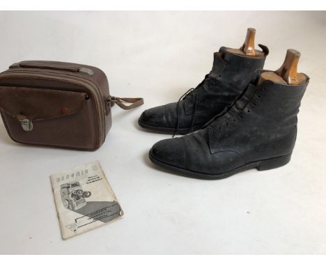 A pair of vintage boots by Tom Hill of Knightsbridge with shoe trees together with a Sekonic Elamtic 8 movie camera in case w
