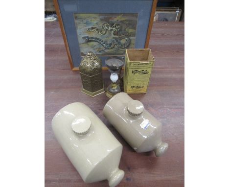Vintage oil lamp, lantern, foot warmers and painting