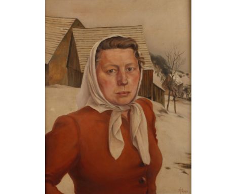 Alfred Tröger, Portrait Liesbeth TrögerPortrait der Ehefrau des Künstlers mit rotem Mantel und Kopftuch vor winterlich versch