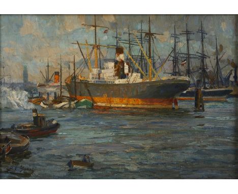 Paul Emil Gabel, Schiffe im Hamburger Hafenzahlreiche Schiffe und Boote im belebten Hamburger Hafen auf leicht bewegtem Wasse