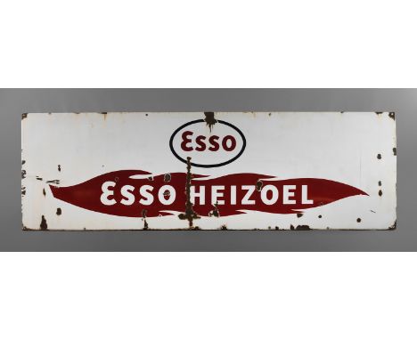 Großes Emailleschild Esso1950er Jahre, ohne Hersteller, planes langrechteckiges Schild, dreifarbig emailliert, für Esso Heizö
