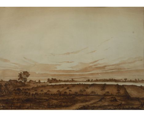 Joachim Daerr, "Rügen"Blick über ein Feld mit Strohgarben auf eine Wasserfläche unter luftig bewölktem Himmel, Tusche in Brau