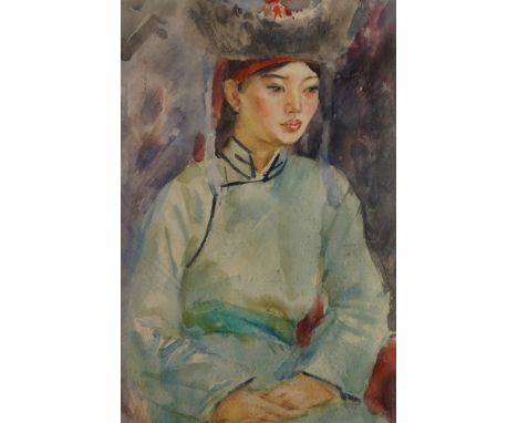 Asiatisches Mädcheneinfühlsames Portrait einer jungen Asiatin in Tracht und Kopfbedeckung, Aquarell über Graphit, Mitte 20. J