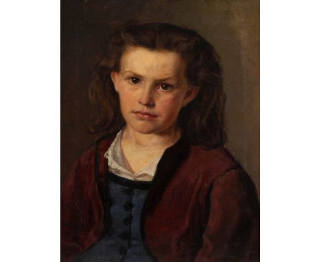 Erdmann, MädchenbildnisPortrait eines jungen Mädchens mit braunen Haaren und roter Jacke vor dunklem Grund, schöne realistisc