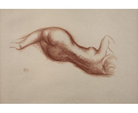 Aristide Maillol, Liegender AktRückenansicht einer nackten liegenden Frau, Lithographie in Rötel, um 1930, links unter der Da