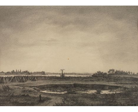 Joachim Daerr, Weite LandschaftBlick von einer leichten Anhöhe auf eine flache Landschaft mit Wasserloch im Vordergrund, wohl