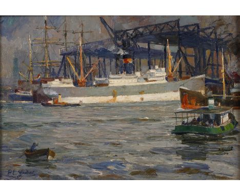 Paul Emil Gabel, Krane im Hamburger HafenKrane im Hamburger Hafen, davor Schiffe und Boote auf sanften Wellen, pastose Marine