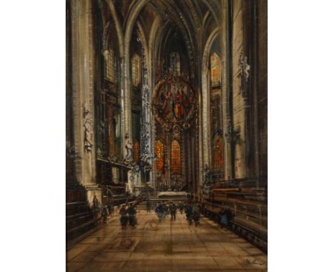 Otto Hamel, St. Lorenz in Nürnbergstimmungsvolle Innenansicht der Nürnberger Lorenzkirche mit dem im Chor hängenden Englische