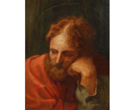 HeiligenportraitPortrait eines bärtigen Mannes mit Heiligenschein im roten Gewand, seinen Kopf auf der linken Hand abstützend