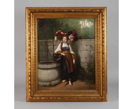 Carl Duxa, attr., Stelldichein am Brunnenjunge sinnende Magd am Brunnen in sommerlicher Landschaft, von jungem Edelmann überr