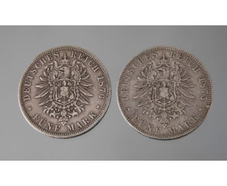 Zwei Münzen Kaiserreich5 Mark Baden 1875 G, Friedrich, s+; sowie 5 Mark Preußen 1876 C, Wilhelm I., ss+.