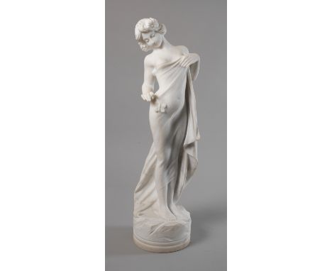 Jugendstilmädchen mit SchmetterlingAnfang 20. Jh., in der Art von Adolfo Cipriani, unsigniert, Marmor, stehende Jugendstilsch