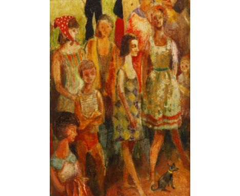 Fritz Freitag, MädchengruppeEine Gruppe junger, sommerlich bekleideter Mädchen mit kleinem schwarzen Hündchen, detailreiche M