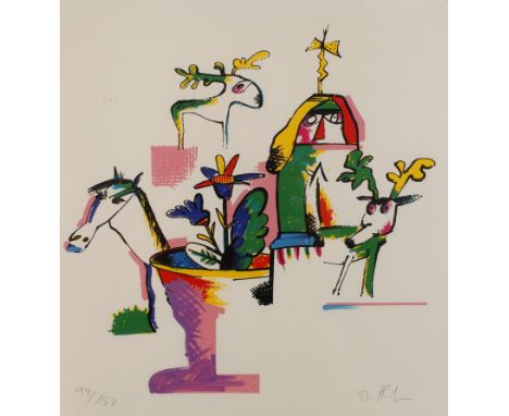 Otmar Alt, "Prinz Grünewald-Elch"farbenfrohe Komposition aus Elchen, Pferd, Figur und Blume, Farbsiebdruck, 1985, unter der D