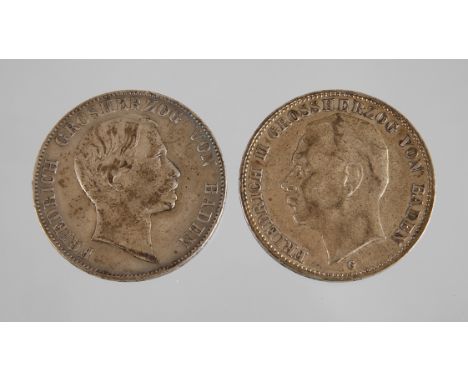 Zwei Silbermünzen Badenein Vereinsthaler 1861, Avers Friedrich Großherzog von Baden, Kopf nach rechts, Revers das Badische Wa