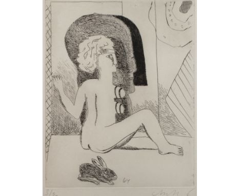 Horst Antes, Sitzende weibliche Figur mit Haseweibliche Figur vor der Silhouette eines Kopffüßlers und im Vordergrund sitzend