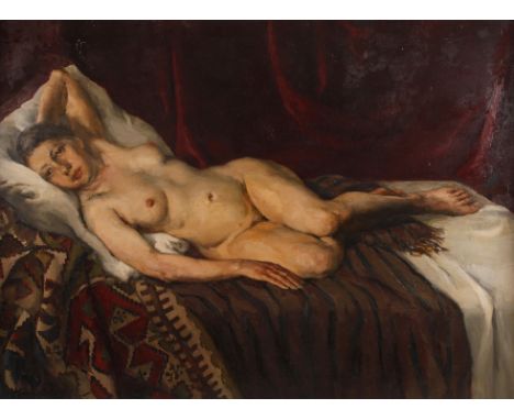 Hans Hunnebald, MädchenaktAktdarstellung eines jungen, auf einem Sofa ausgestreckten Mädchens vor einem roten Samtvorhang, we