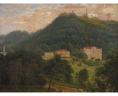 Niels Grønbek Rademacher, attr., Villenansichtsommerlicher Blick aus der Vogelschau auf herrschaftliches Anwesen, inmitten ei
