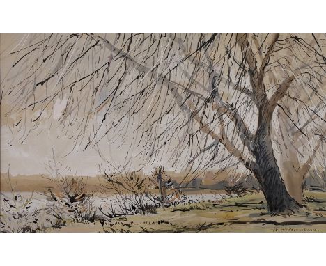Prof. Hellmuth Weissenborn, "Pappeln am Fluß"Blick vom pappelbestandenen Ufer über einen Fluss in flacher Landschaft, Mischte
