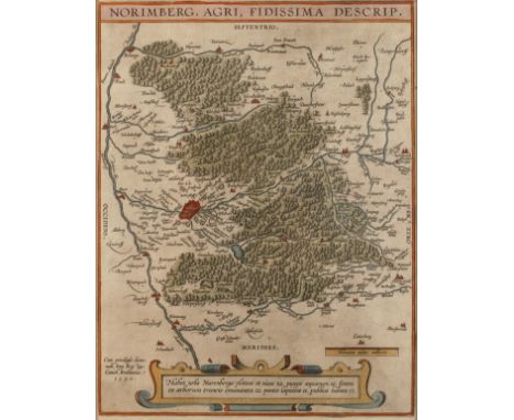Abraham Ortelius, Kupferstichkarte Gebiet Nürnbergoberhalb der Darstellung bezeichnet "Norimberg, agri, fidissima descrip.", 