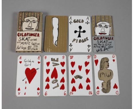 Skatspiel Moritz Götzedatiert 1990, handsigniert, betitelt Goldfinger Skatspiel, Auflagenangabe 100 Stück, Farbserigrafie, ko