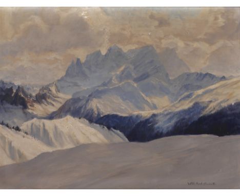 Wilhelm Kuh, "Dolomitenwinter"Blick über weite, tief verschneite Hochfläche zu den markanten wolkenverhangenen Gipfeln des Pa