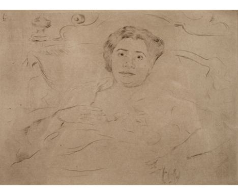 Prof. Lovis Corinth, "Im Bett I"in einem Bett liegende Dame mit zum Betrachter gerichtetem Blick, siehe Werksverzeichnis Schw