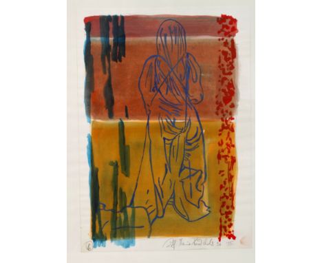 Rolf Maria Krückels, Komposition mit FigurKonturen einer verschleierten Frau vor farbigem Grund, Mischtechnik (Aquarell und G