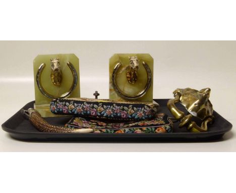 Onyx horse racing book ends, Satyr mask door knocker, cigar cutter and two needlepoint handbags, one marked Petit Point) Cond