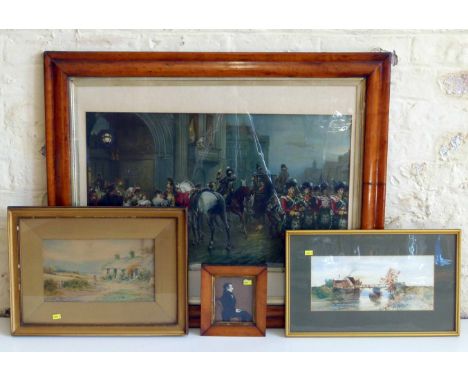 Gilt framed cottage scene signed R/Macauley, unsigned bridge scene, miniature and print 'Summoned to Waterloo - Brussels' Con
