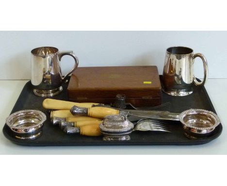 Two silver plated tankards and two coasters, also a cased fruit set and carving set with silver mounts, also an EPNS lighter 