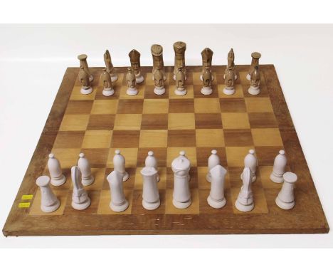 Inlaid chess board with ceramic chess pieces. Condition report: see terms and conditions