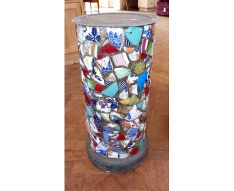 Umbrella/stick stand made from terra cotta drain tube inset with colourful ceramic fragments Condition report: see terms and 