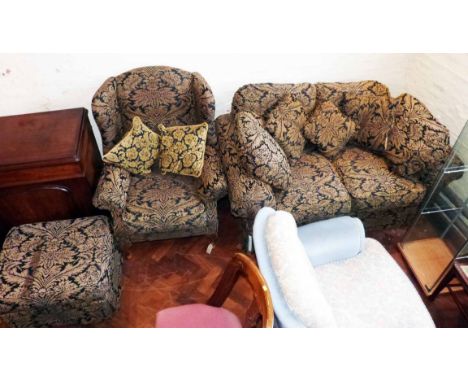 Black and gold fabric sofa, wing back chair, foot stool Condition report: see terms and conditions