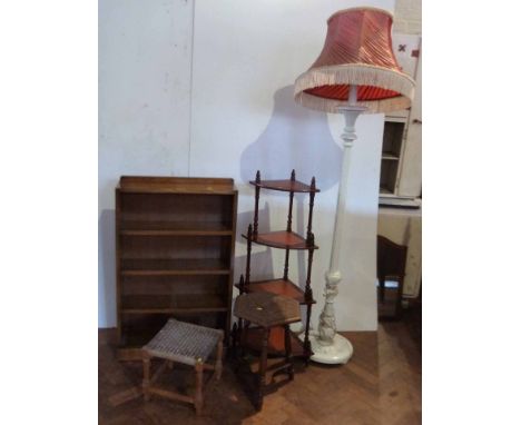 Standard lamp, oak bookcase, what-not, small stool and a small occasional table. Condition report: see terms and conditions