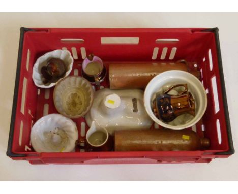 Seven ceramic jelly moulds, two stoneware bottles and three pieces of Welsh lustre. Condition report: see terms and condition