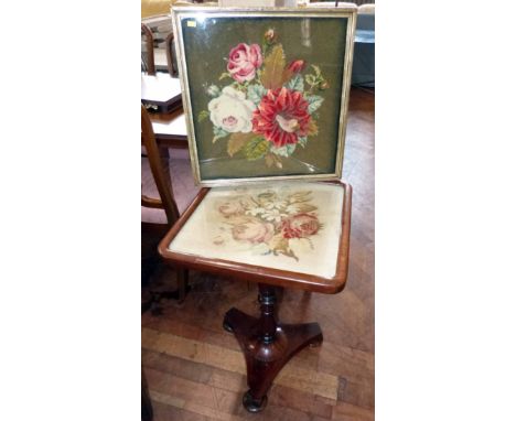 Victorian tripod table with floral tapestry top together with another framed floral tapestry (2) Condition report: see terms 